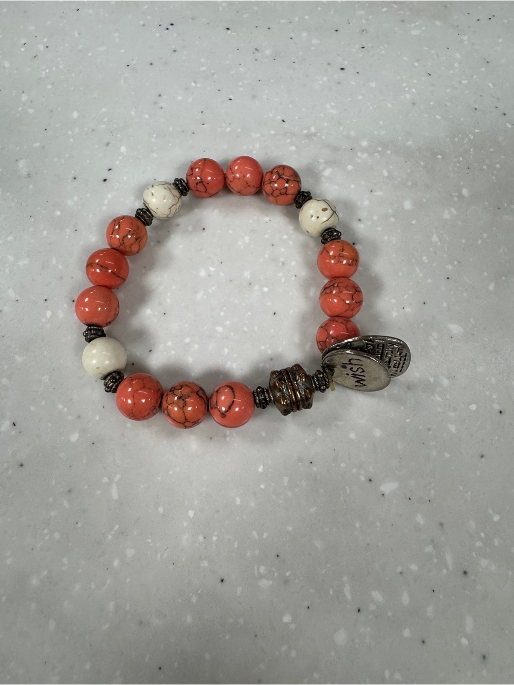 Coral and Cream Beaded Stretch Bracelet with Charms